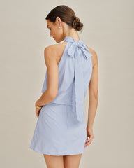 Blue Mock Neck Tie Striped Mini Dress | Rihoas