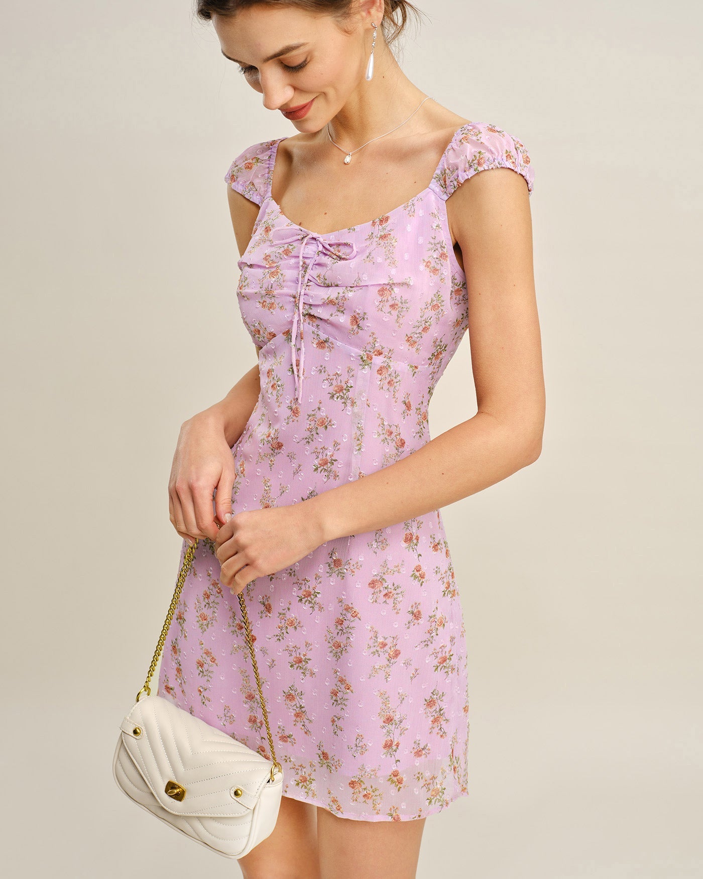 Purple Sweetheart Neck Jacquard Mini Dress | Rihoas