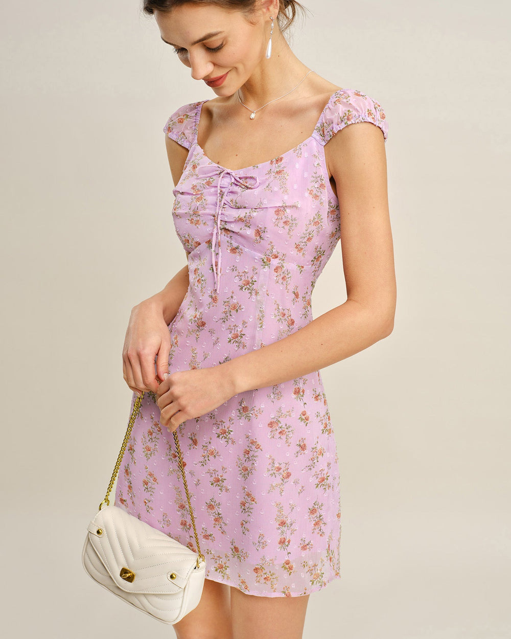 Purple Sweetheart Neck Jacquard Mini Dress | Rihoas