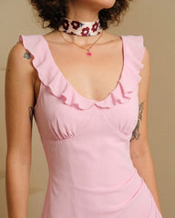 Pink V Neck Ruffle Sleeveless Midi Dress | Rihoas