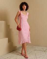 Pink V Neck Ruffle Sleeveless Midi Dress | Rihoas