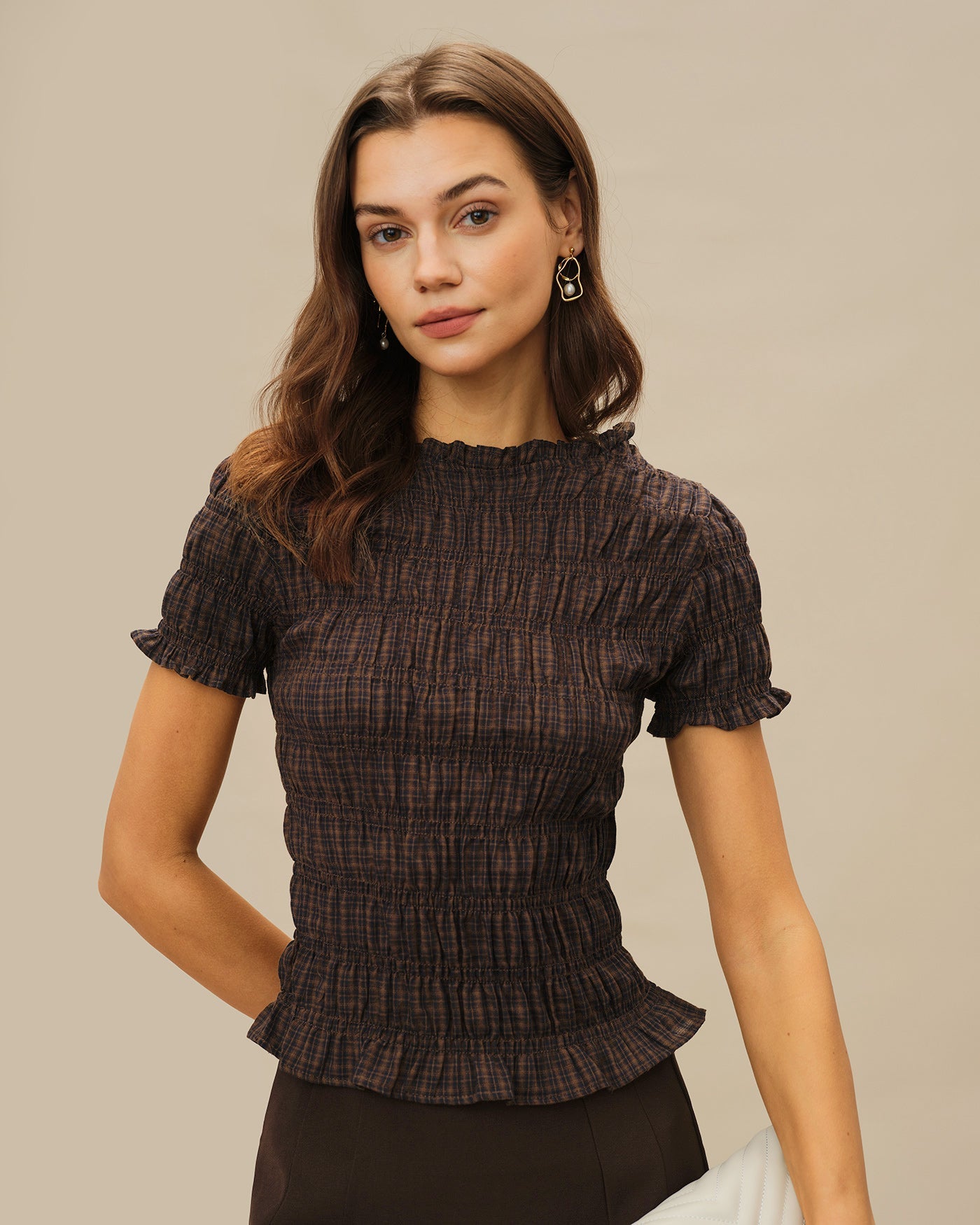 Coffee Plaid Shirred Tee | Rihoas