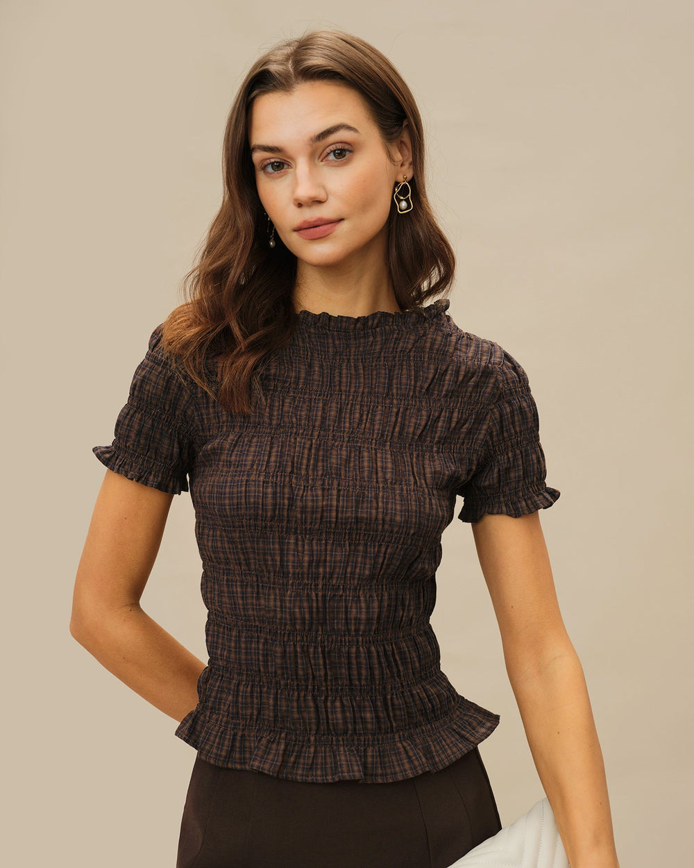 Coffee Plaid Shirred Tee | Rihoas