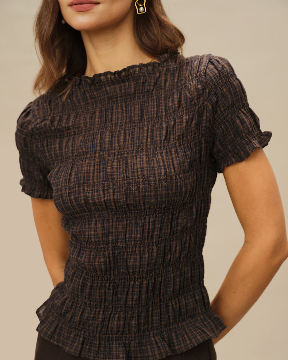 Coffee Plaid Shirred Tee | Rihoas