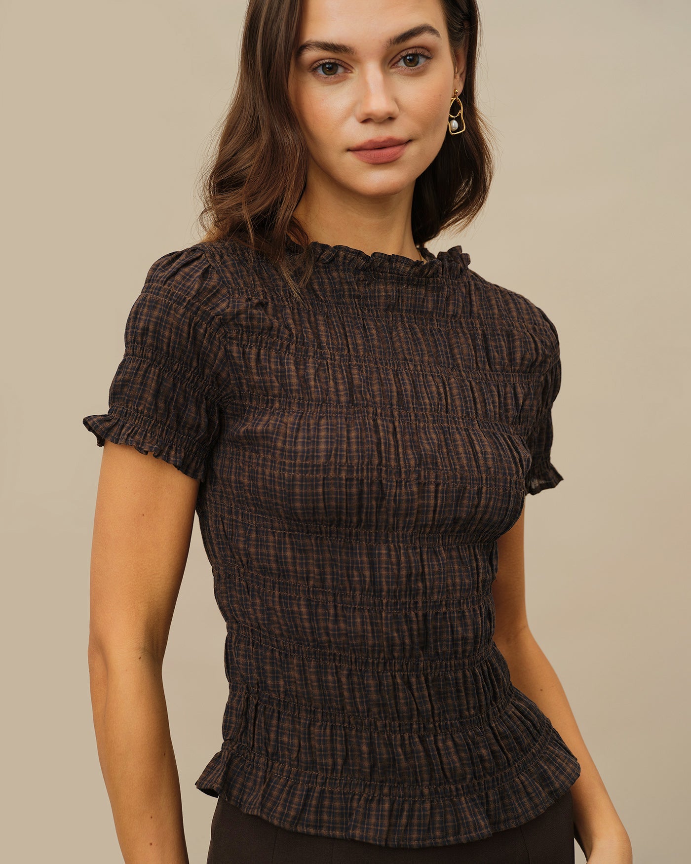 Coffee Plaid Shirred Tee | Rihoas