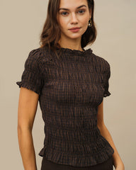 Coffee Plaid Shirred Tee | Rihoas
