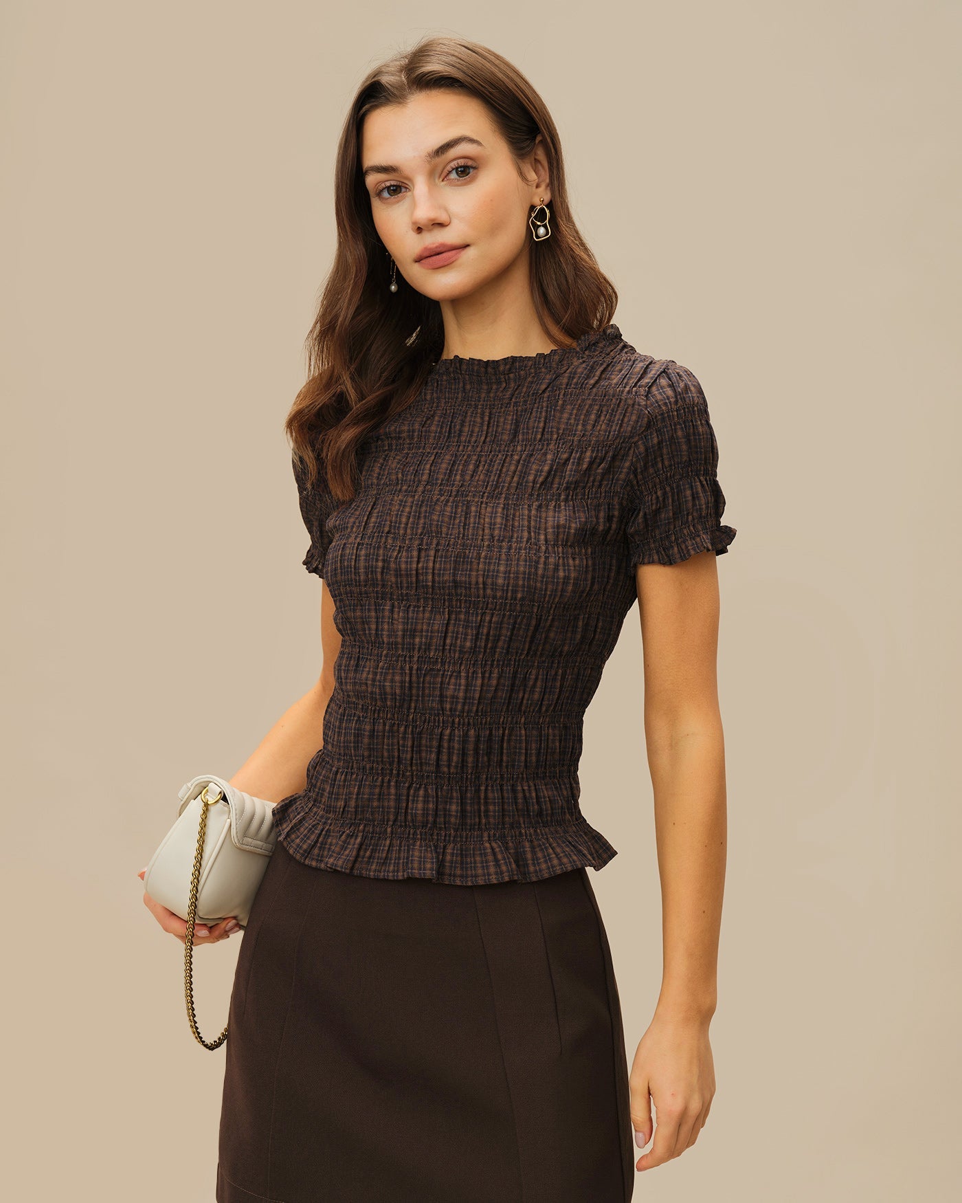 Coffee Plaid Shirred Tee | Rihoas