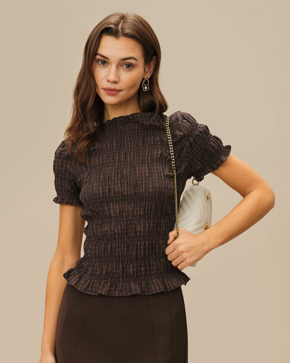 Coffee Plaid Shirred Tee | Rihoas