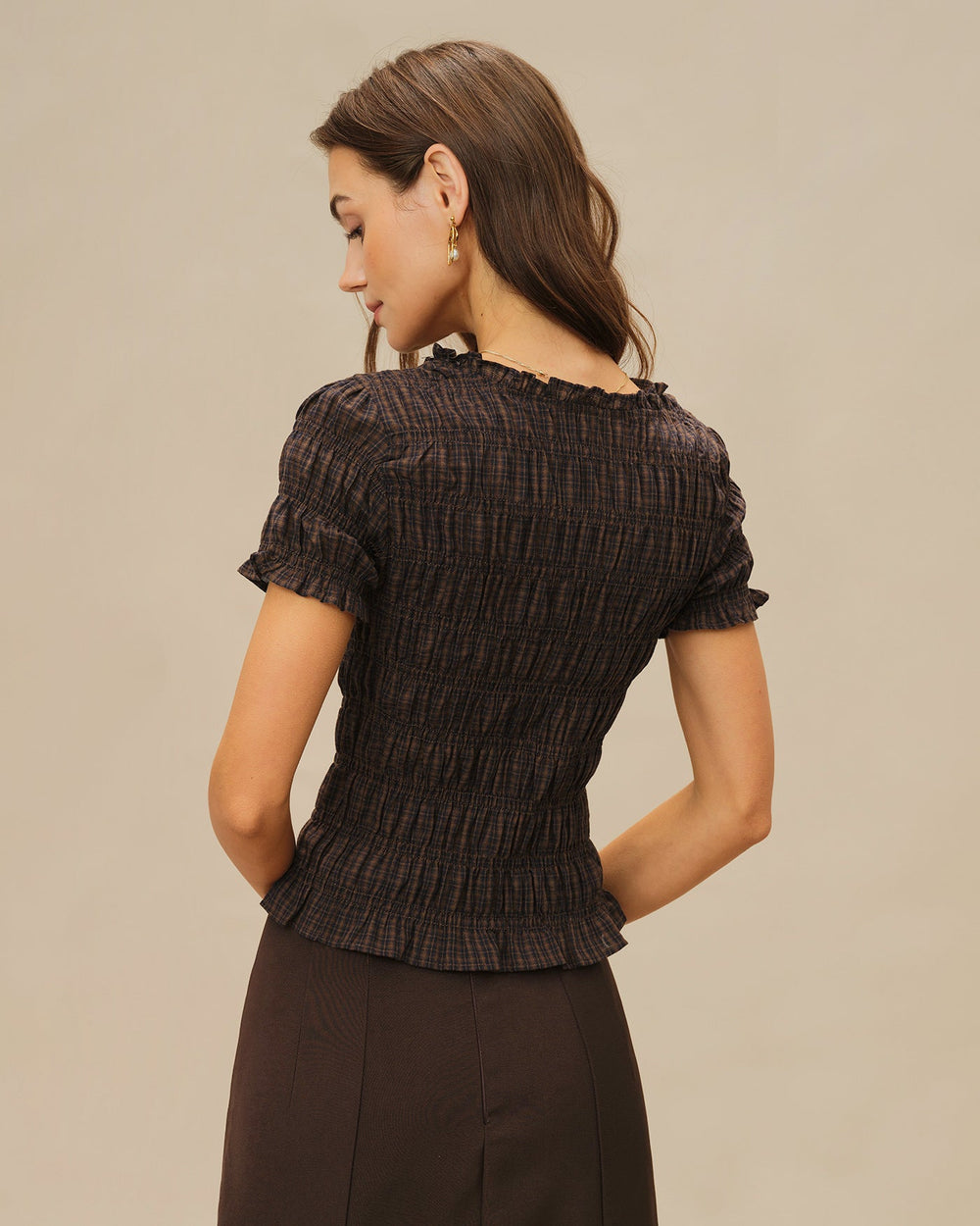 Coffee Plaid Shirred Tee | Rihoas