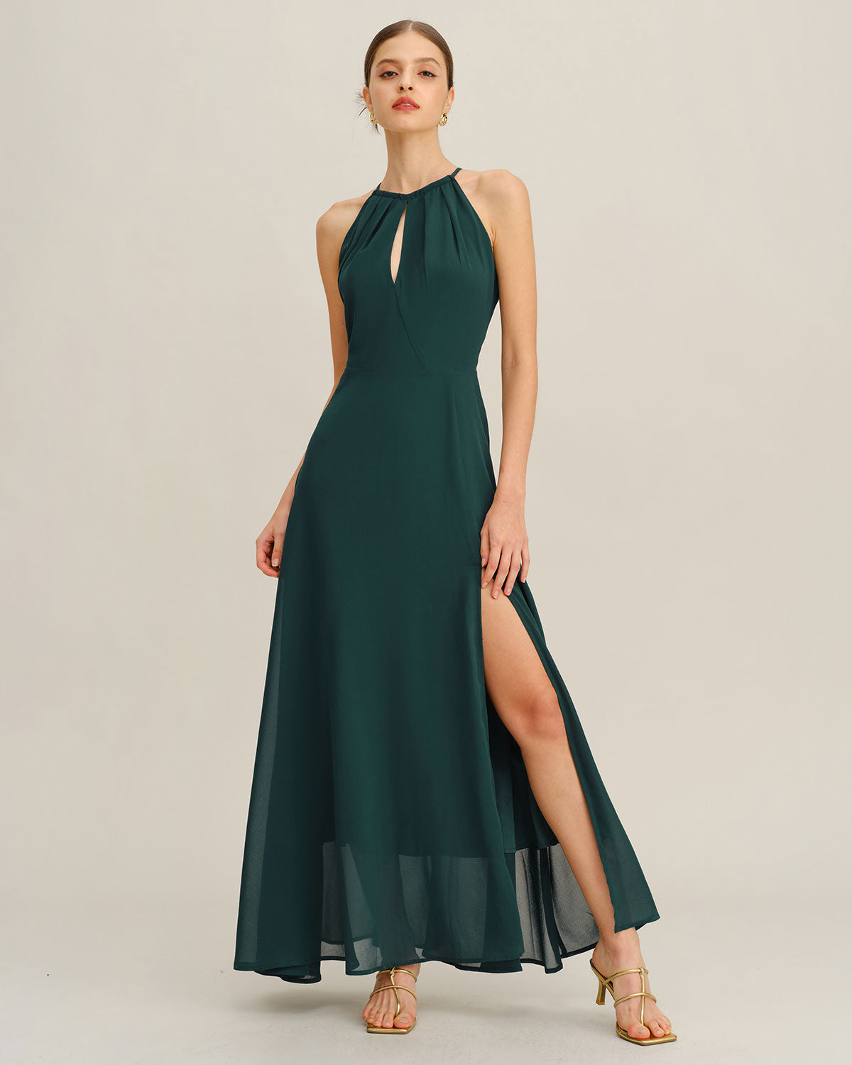 Green Chiffon Slit Maxi Dress | Rihoas
