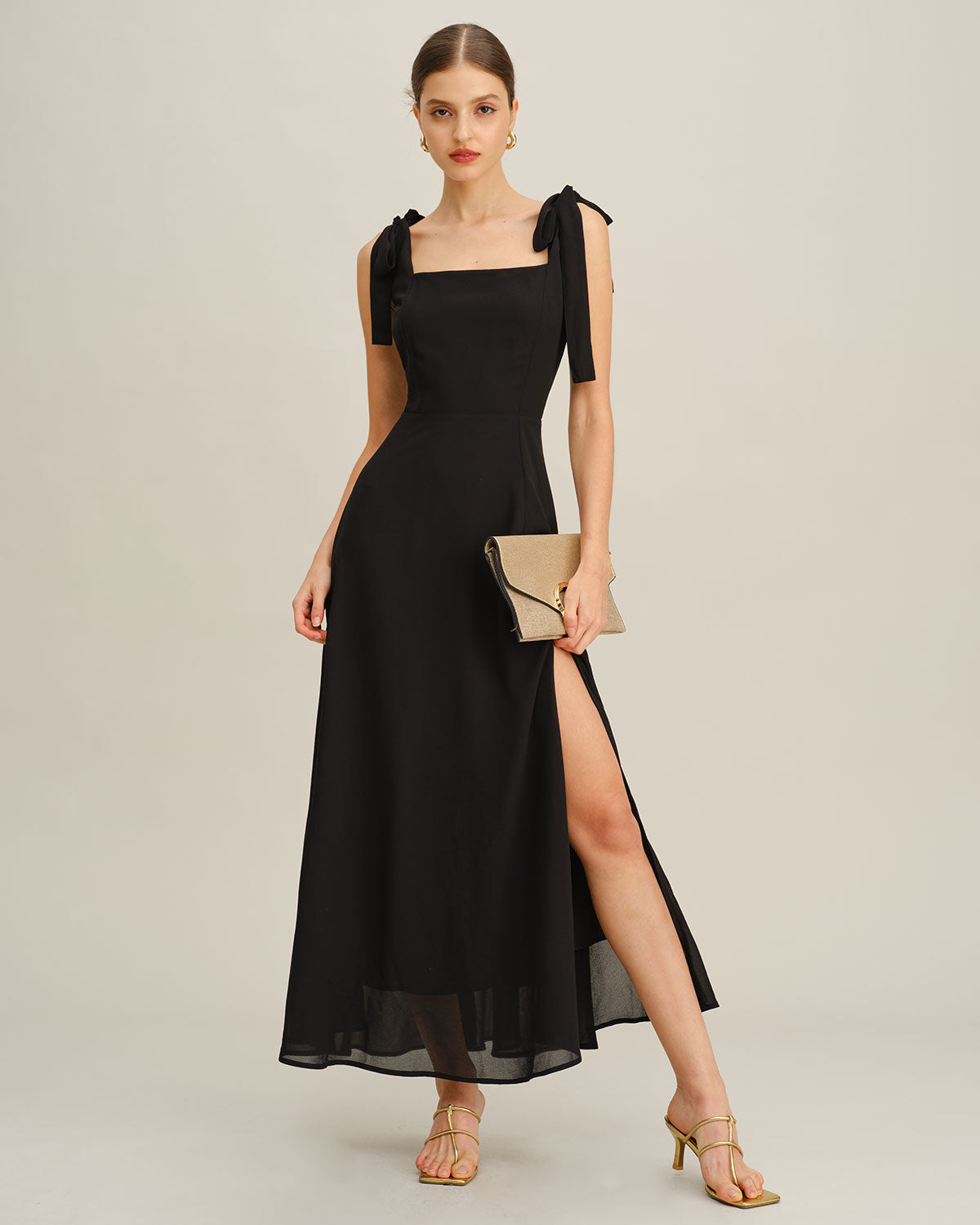 Black Chiffon Tie Strap Maxi Dress | Rihoas