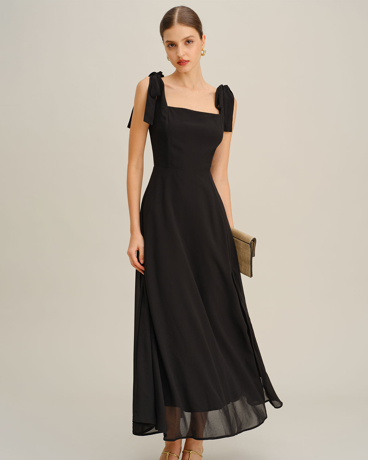 Black Chiffon Tie Strap Maxi Dress | Rihoas