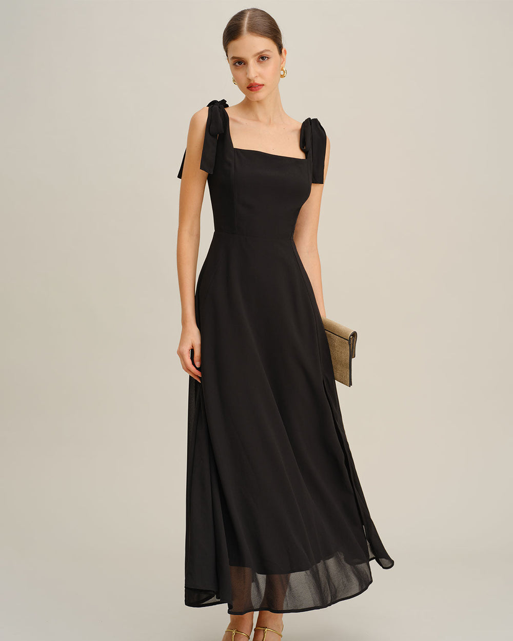 Black Chiffon Tie Strap Maxi Dress | Rihoas