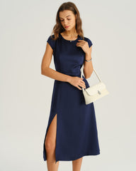 Navy Satin Cut Out Slit Midi Dress | Rihoas