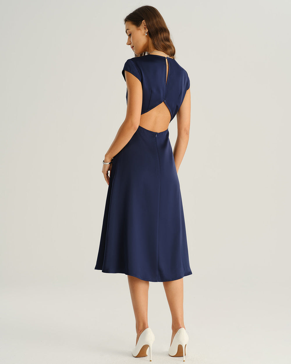 Navy Satin Cut Out Slit Midi Dress | Rihoas