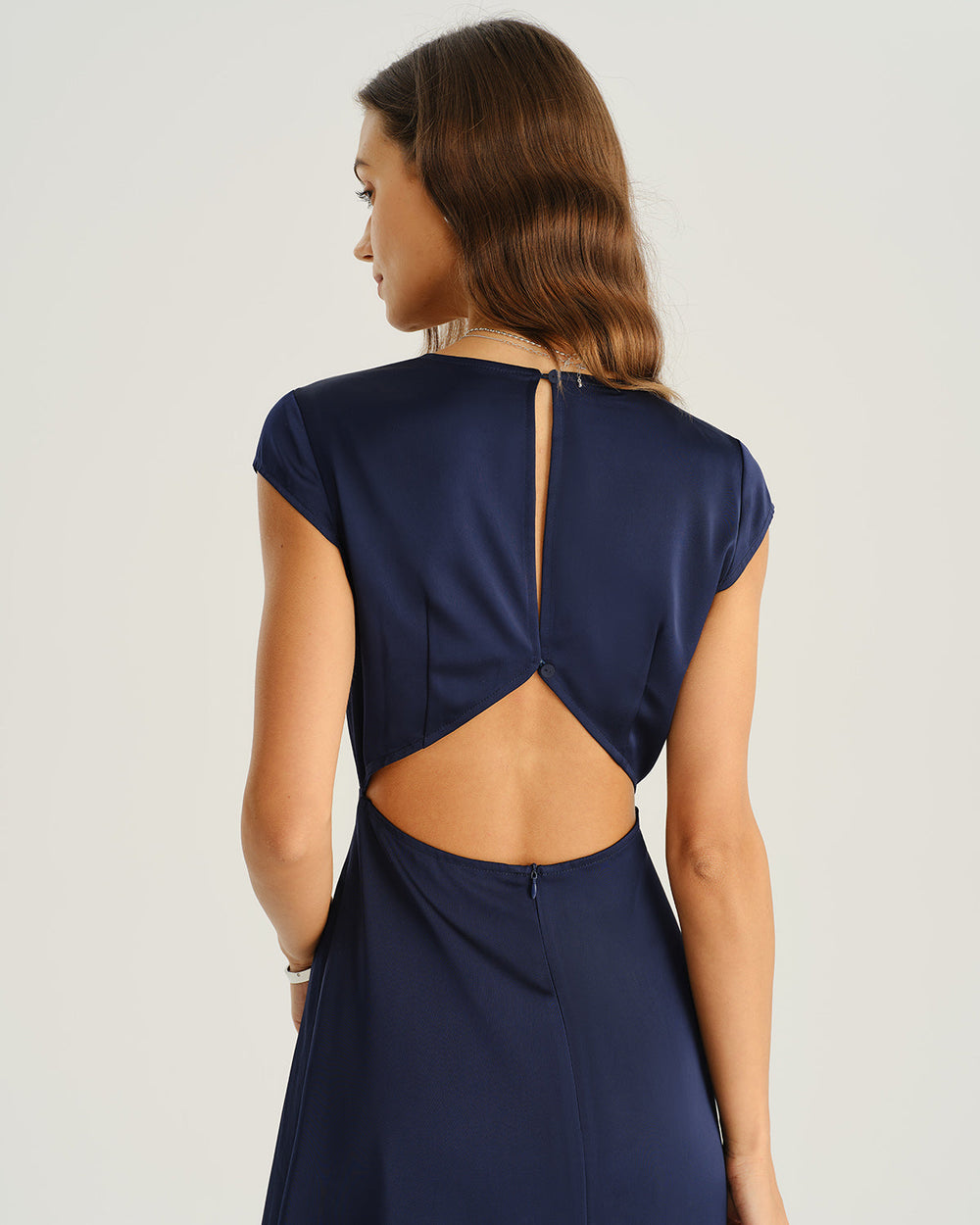 Navy Satin Cut Out Slit Midi Dress | Rihoas