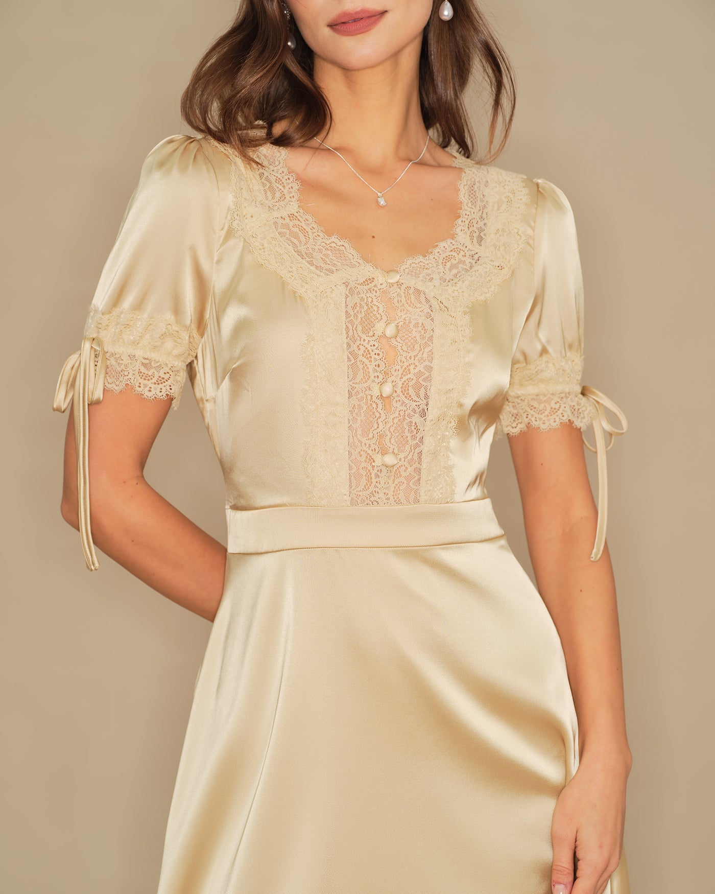 Apricot V Neck Lace Satin Mini Dress | Rihoas