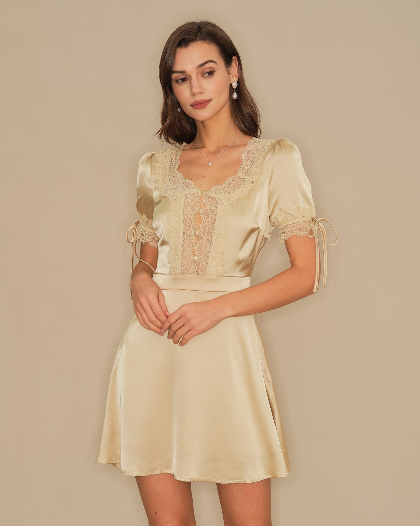 Apricot V Neck Lace Satin Mini Dress | Rihoas