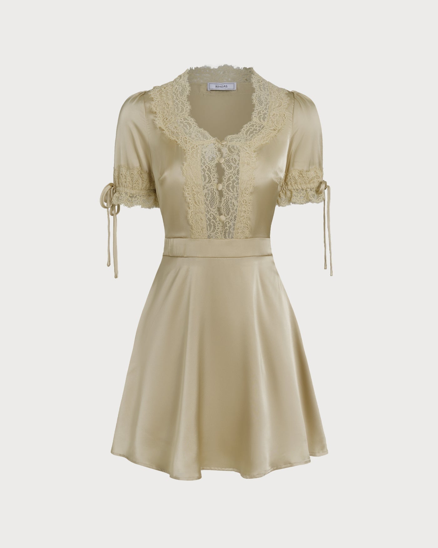 Apricot V Neck Lace Satin Mini Dress | Rihoas