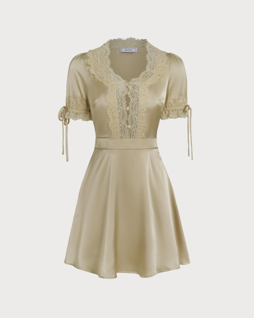 Apricot V Neck Lace Satin Mini Dress | Rihoas