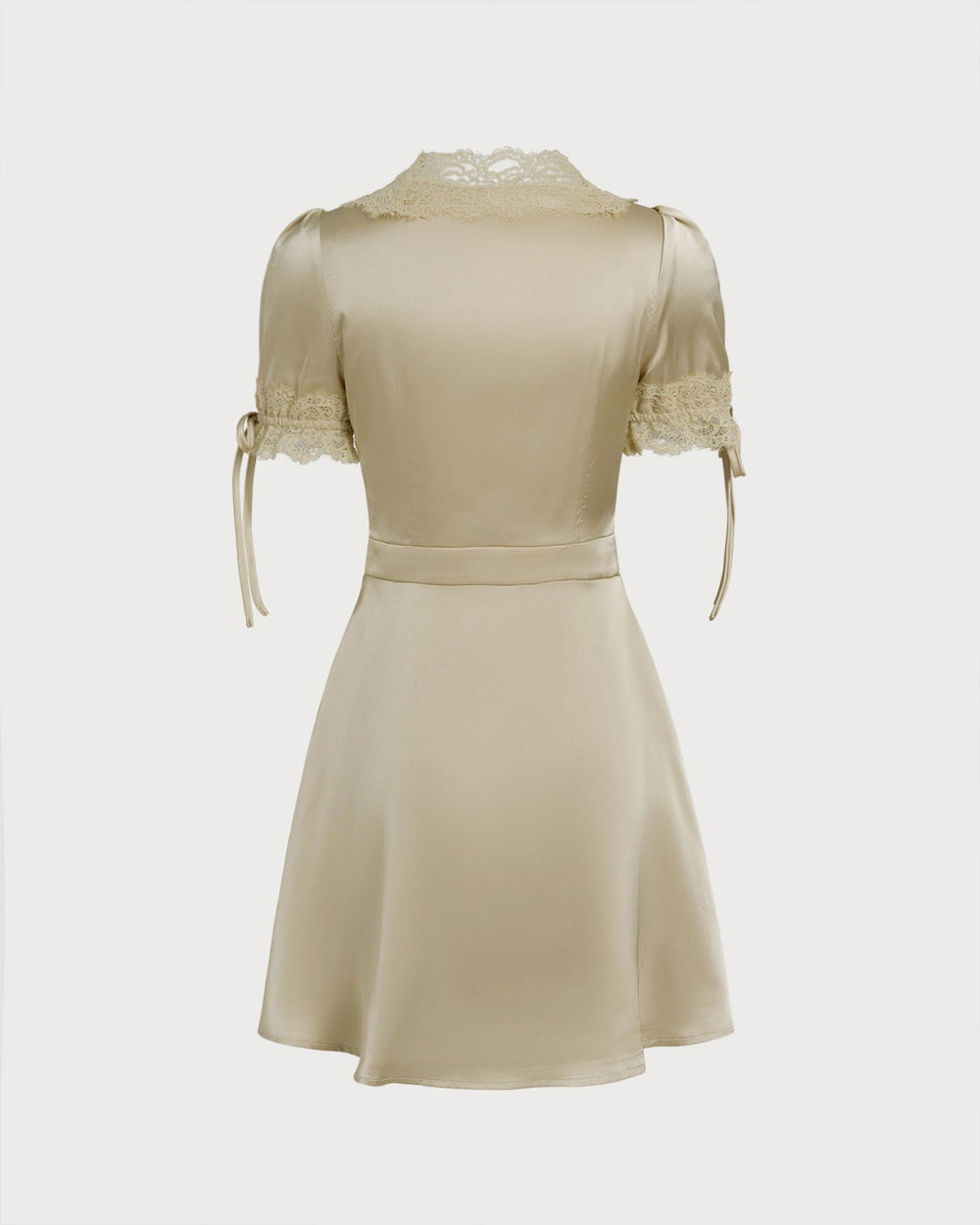 Apricot V Neck Lace Satin Mini Dress | Rihoas