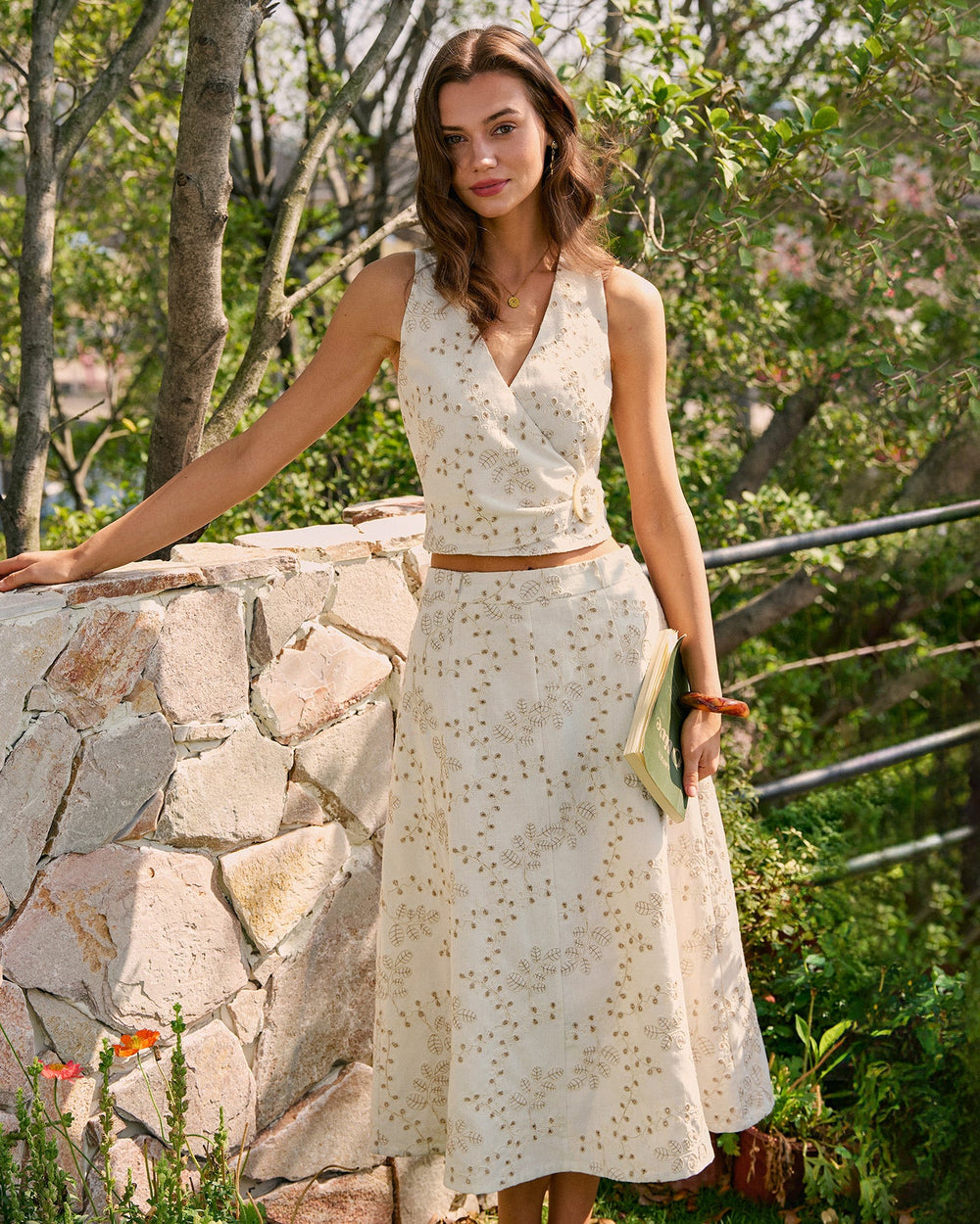 Beige V Neck Embroidery Tank Top | Rihoas