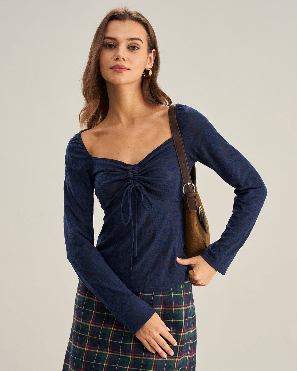 Navy Sweetheart Neck Lace Tee | Rihoas