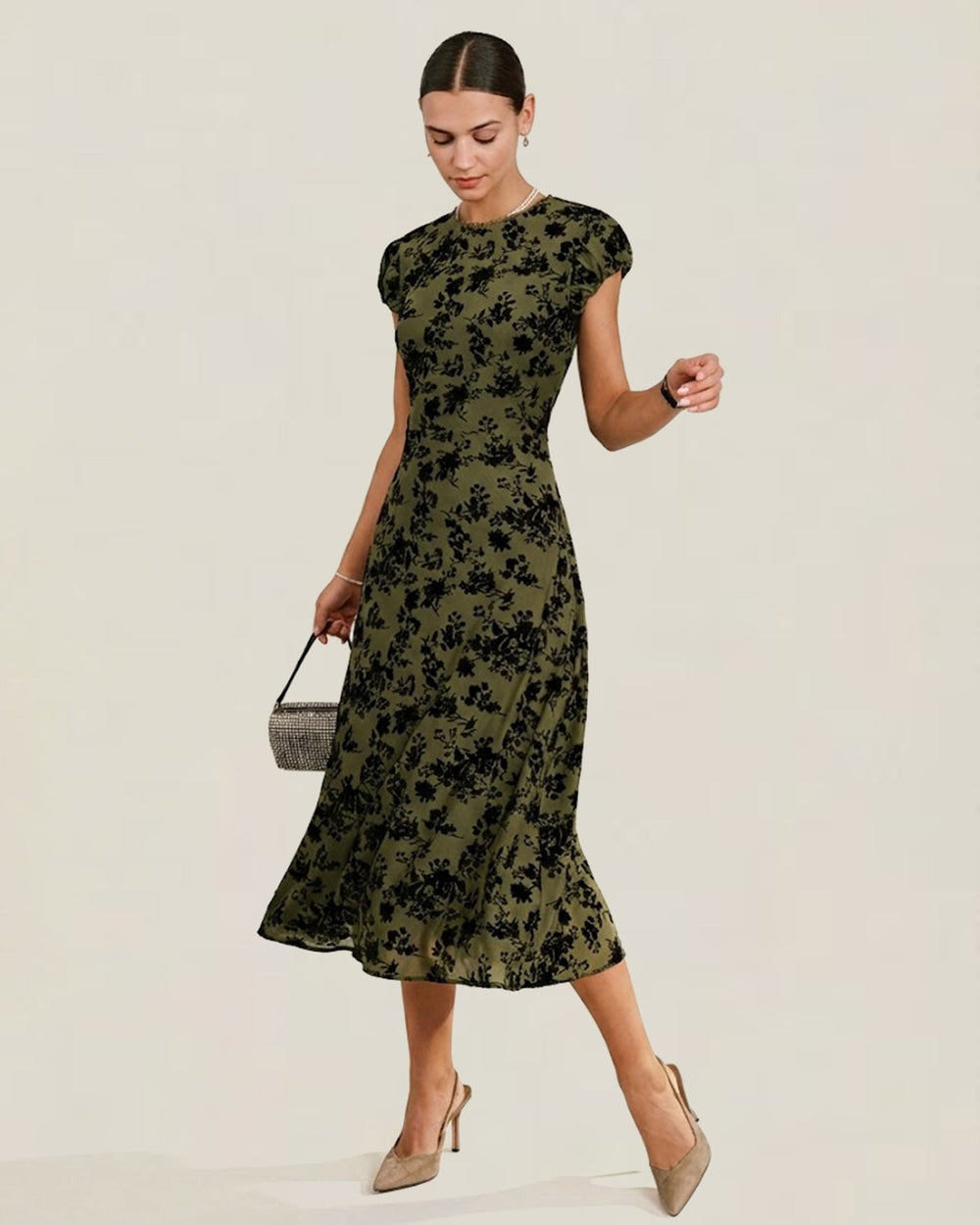 Green Floral A-Line Cap Sleeve Midi Dress | Rihoas