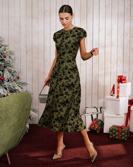 Green Floral A-Line Cap Sleeve Midi Dress | Rihoas