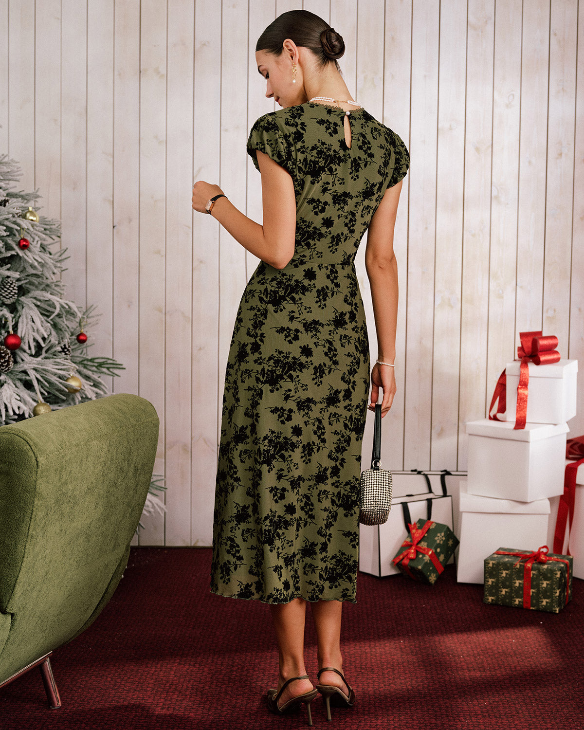 Green Floral A-Line Cap Sleeve Midi Dress | Rihoas