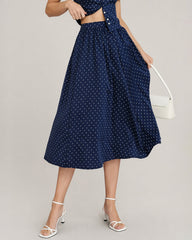 Blue Polka Dot Pockets Midi Skirt | Rihoas