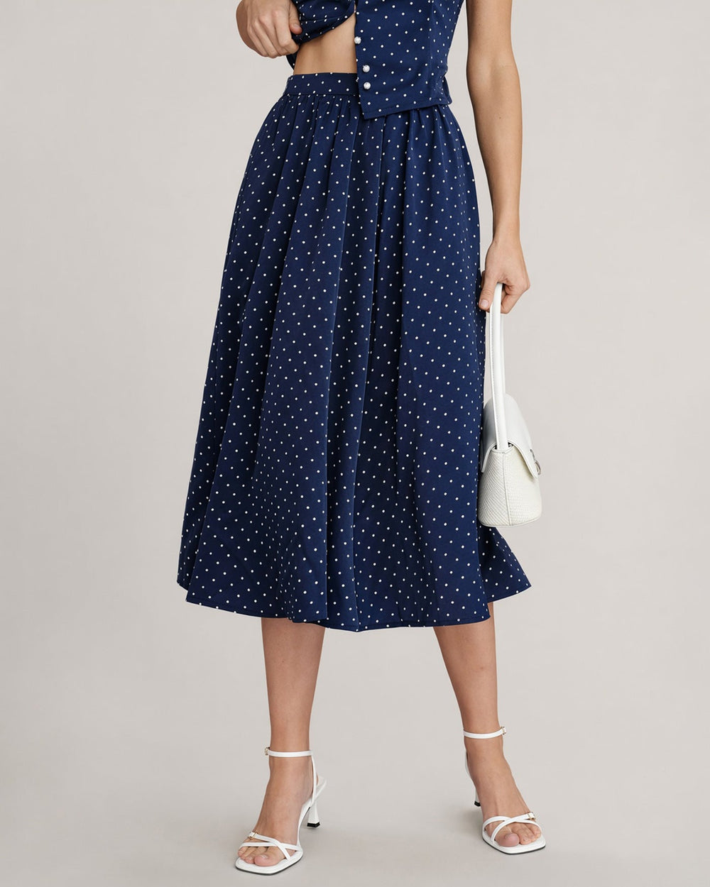 Blue Polka Dot Pockets Midi Skirt | Rihoas