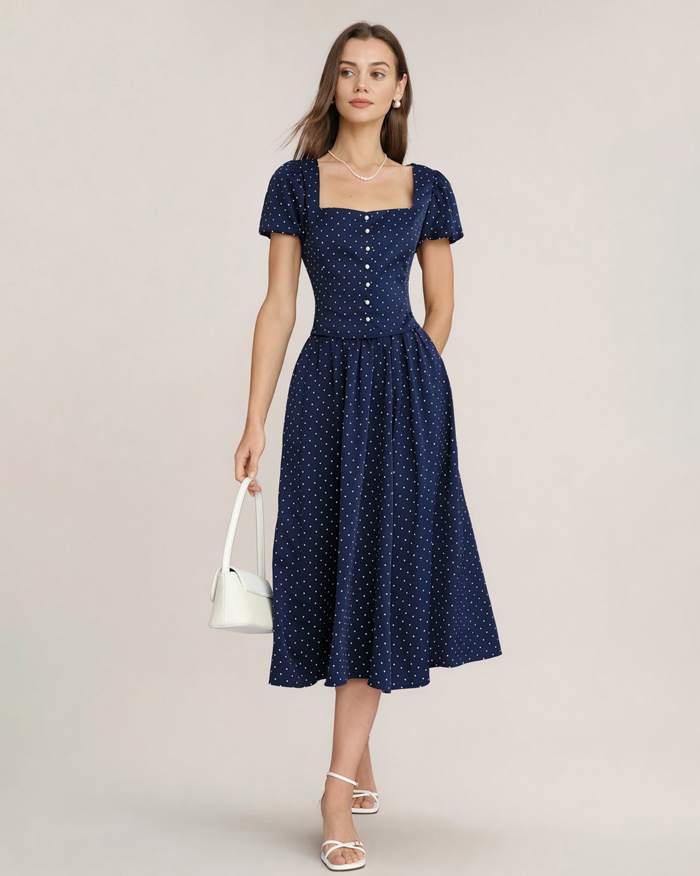 Blue Polka Dot Pockets Midi Skirt | Rihoas