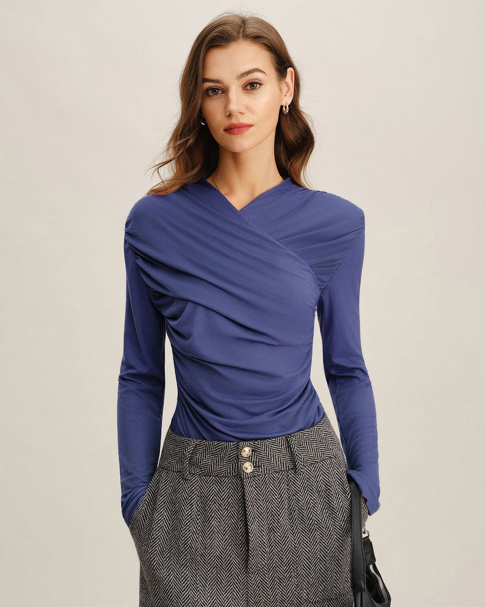 Blue Ruched Slim Knit Tee | Rihoas