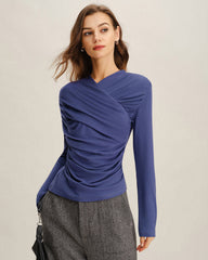 Blue Ruched Slim Knit Tee | Rihoas