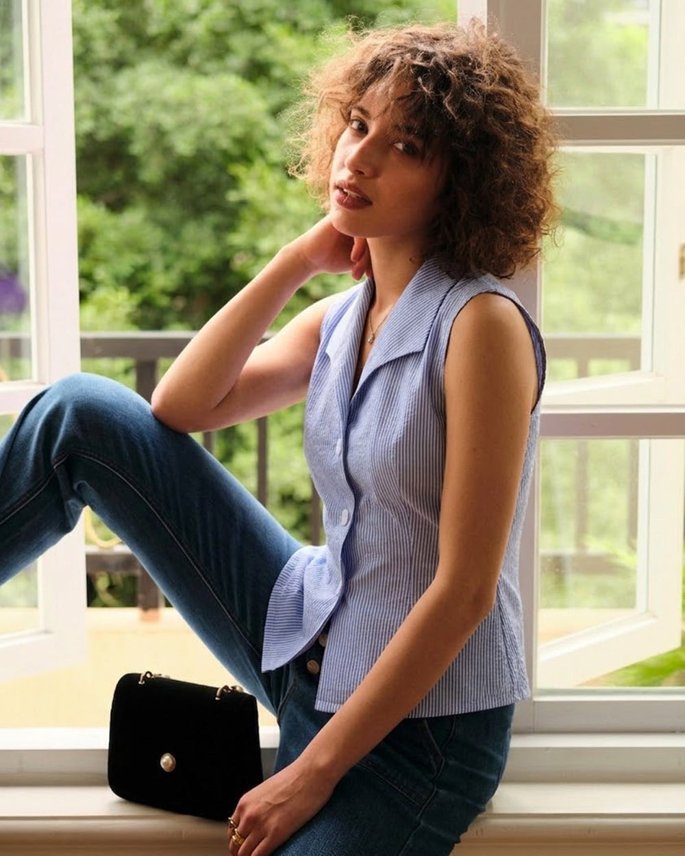 Blue Single Breasted Collar Striped Vest | Rihoas