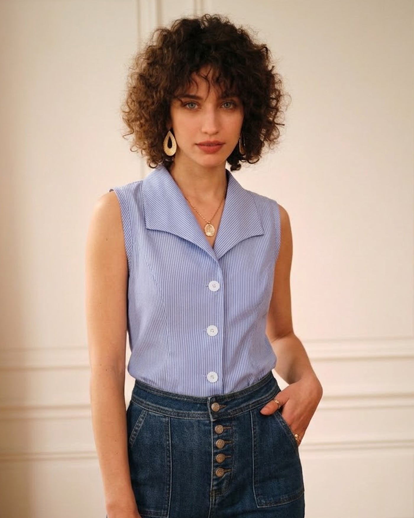 Blue Single Breasted Collar Striped Vest | Rihoas