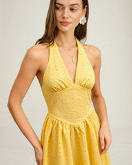 Yellow Halter Cut Out Textured Maxi Dress | Rihoas