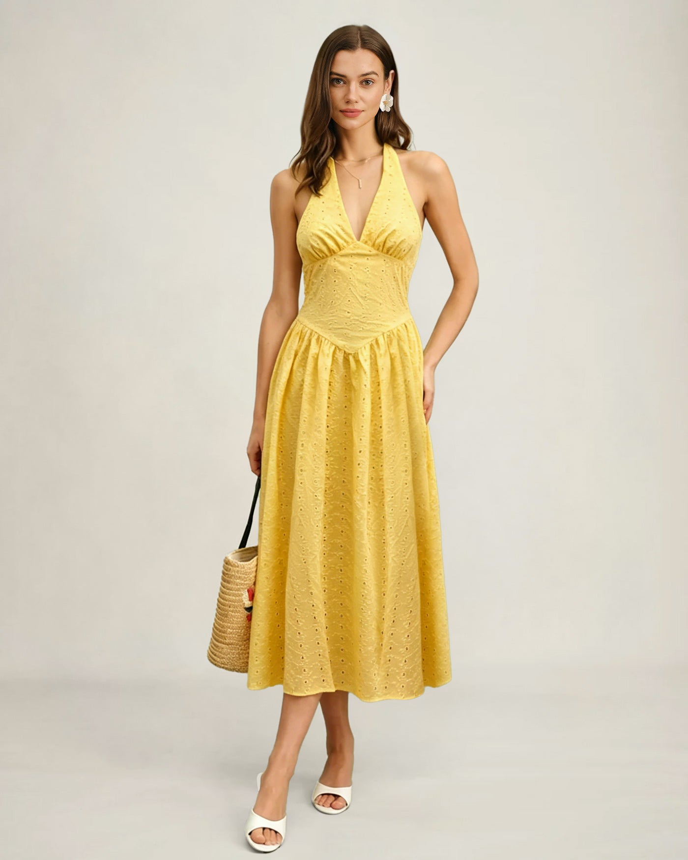 Yellow Halter Cut Out Textured Maxi Dress | Rihoas