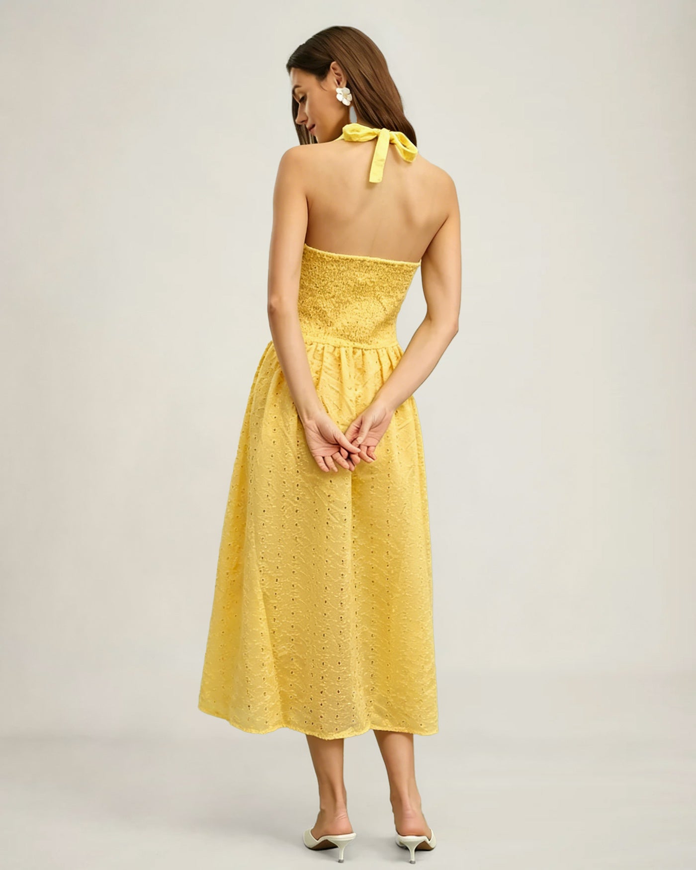 Yellow Halter Cut Out Textured Maxi Dress | Rihoas