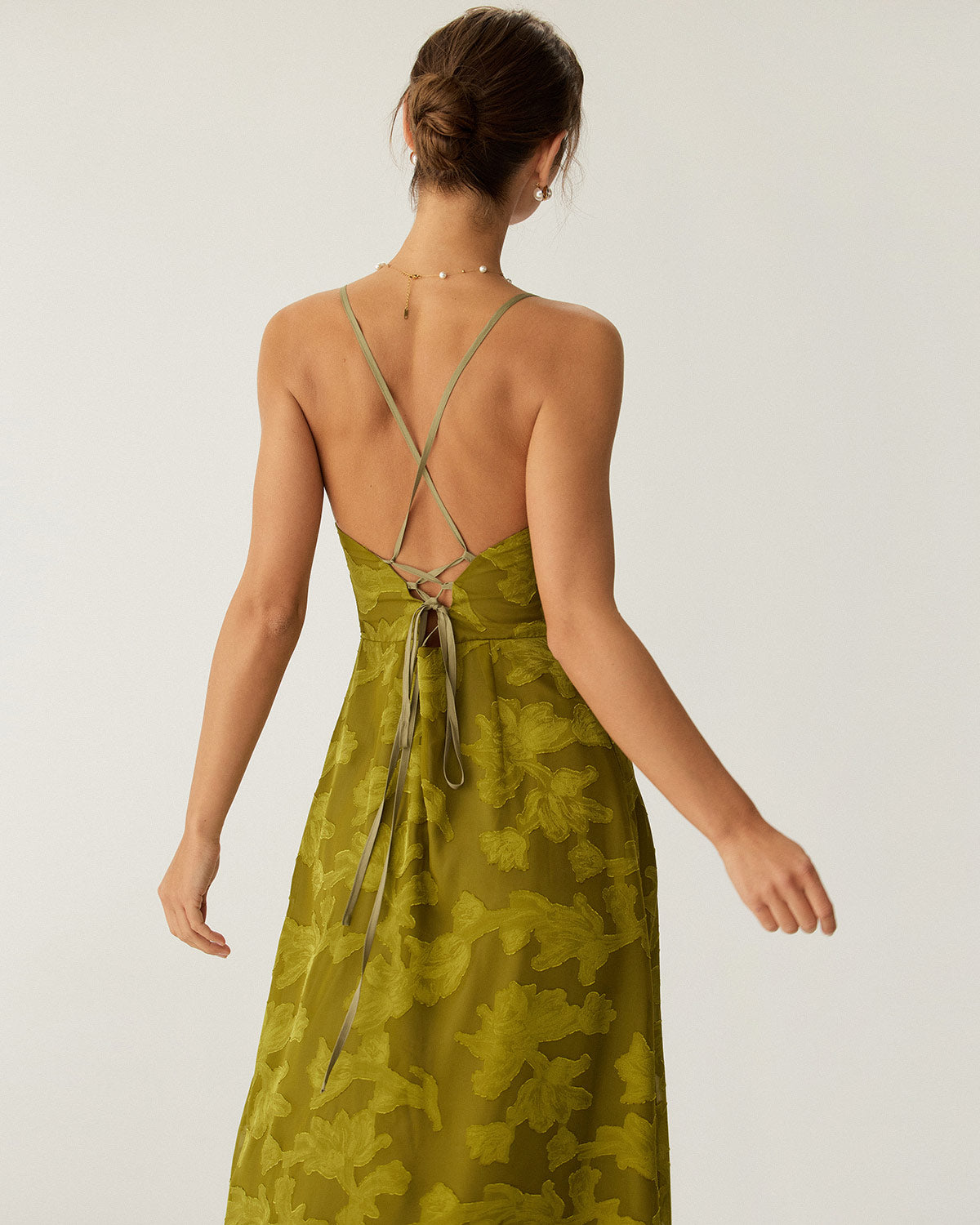 Green Floral Ruched Backless Slip Maxi Dress | Rihoas