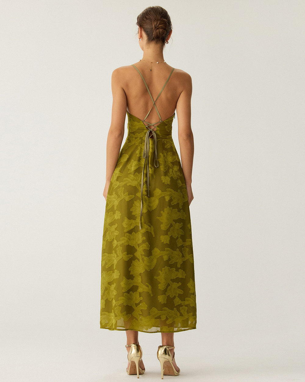 Green Floral Ruched Backless Slip Maxi Dress | Rihoas