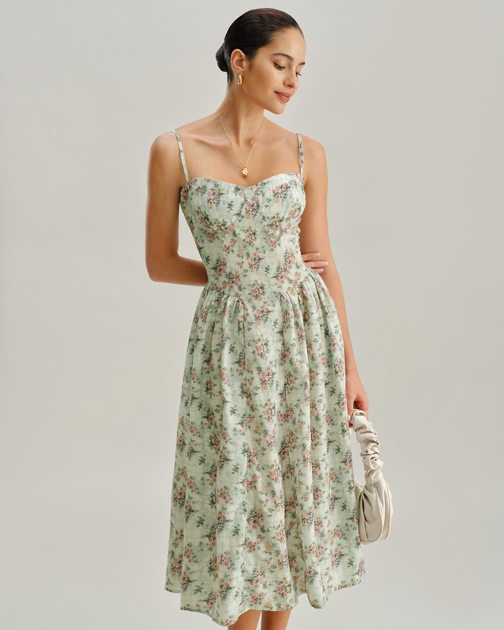 Green Floral Sweetheart Neck Pleated Slip Midi Dress | Rihoas