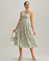 Green Floral Sweetheart Neck Pleated Slip Midi Dress | Rihoas