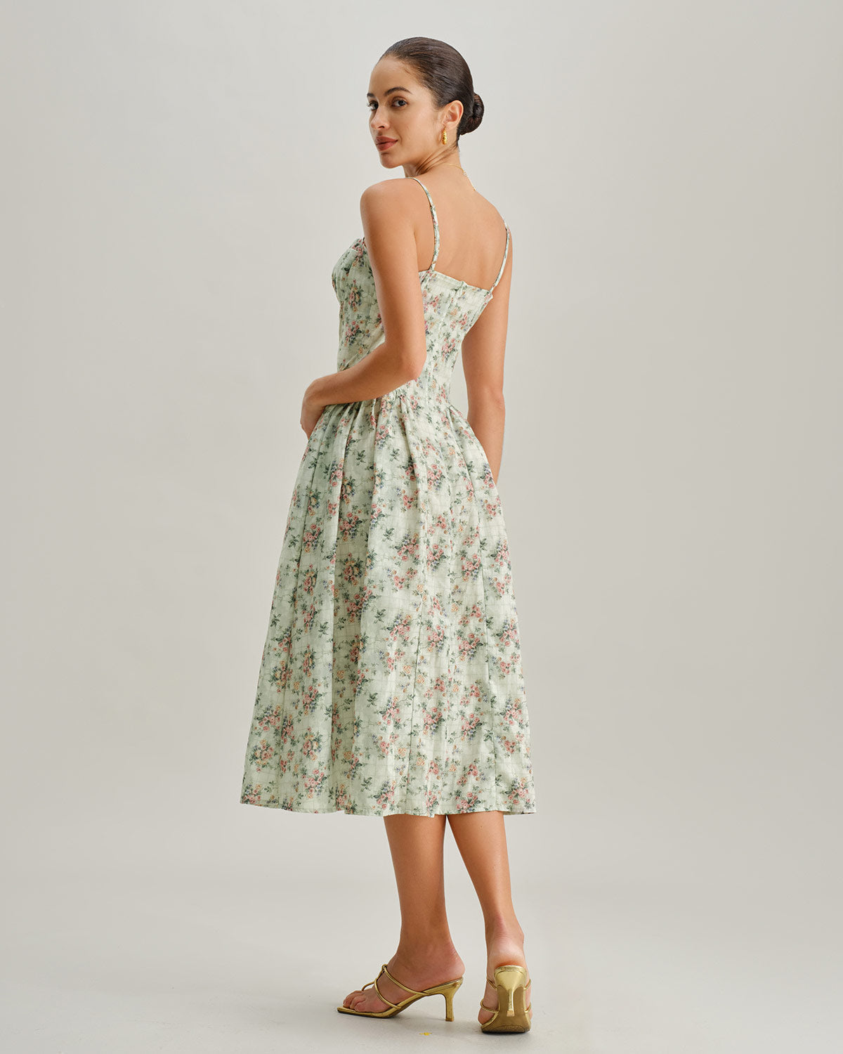 Green Floral Sweetheart Neck Pleated Slip Midi Dress | Rihoas