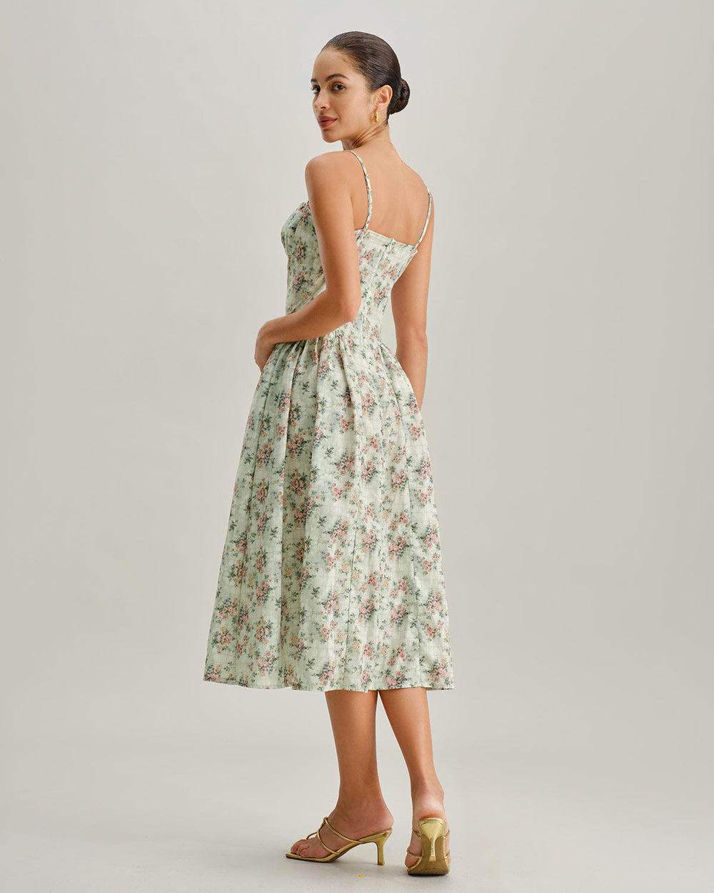 Green Floral Sweetheart Neck Pleated Slip Midi Dress | Rihoas