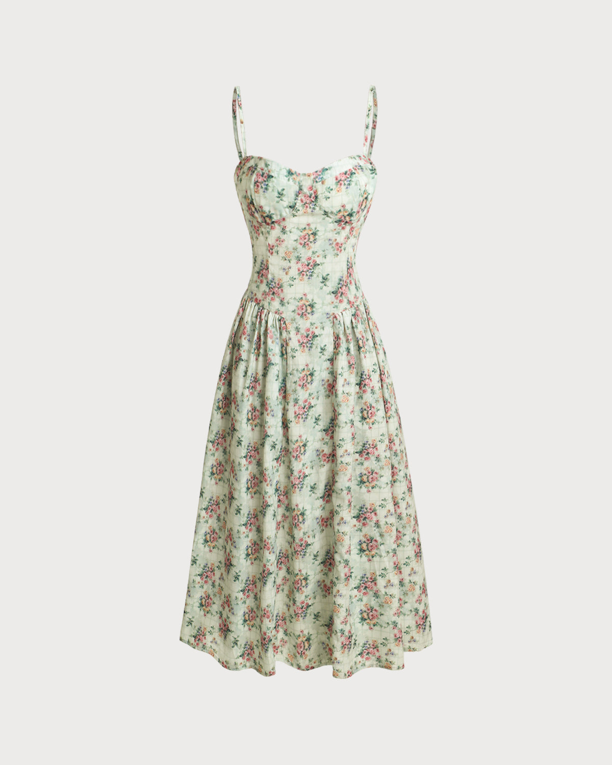 Green Floral Sweetheart Neck Pleated Slip Midi Dress | Rihoas