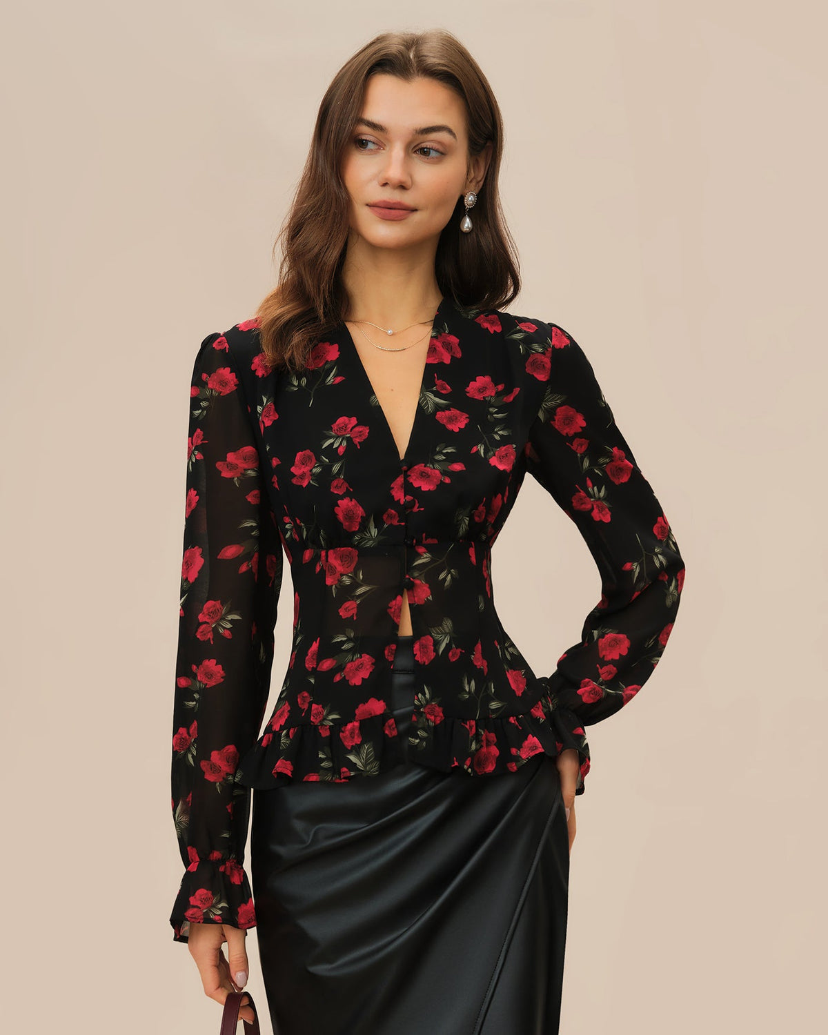 Black Floral V Neck Blouse | Rihoas