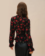 Black Floral V Neck Blouse | Rihoas