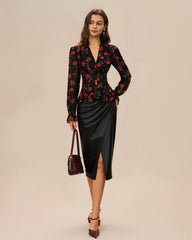 Black Floral V Neck Blouse | Rihoas